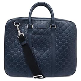 Gucci-GUCCI BAG 451169 LEATHER EMBOSSED LOGO GUCCISSIMA GG SHOULDER BRIEFCASE-Navy blue