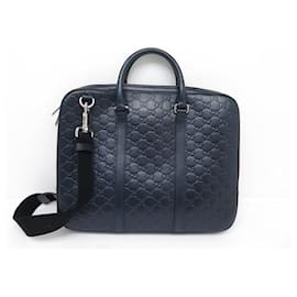 Gucci-GUCCI BAG 451169 LEATHER EMBOSSED LOGO GUCCISSIMA GG SHOULDER BRIEFCASE-Navy blue