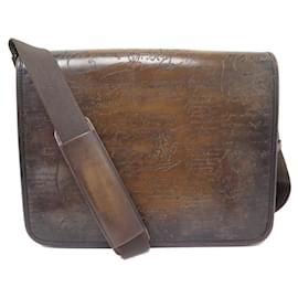 Berluti-BERLUTI SACOCHE DAY AFTER DAY SCRITTO LEATHER SHOULDER BAG PURSE-Brown