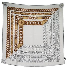 FULAR CHANEL LOGO CC E CATENE QUADRATO 90 CM IN SETA BIANCA Bianco