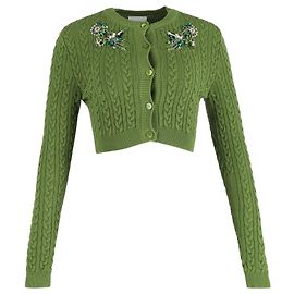 Erdem verziertes Kabelstrick-Cropped-Cardigan aus Baumwolle Grün