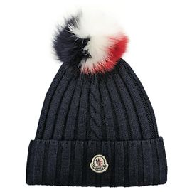 Moncler Navy Blue Wool Beanie with Fox Pompon Navy blue