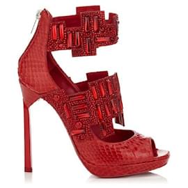 Jimmy Choo red snakeskin Jing sandal booties Red