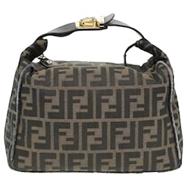 Fendi-FENDI Zucca Canvas Vanity Pouch Brown Black gold Auth 86935-Brown,Black,Golden