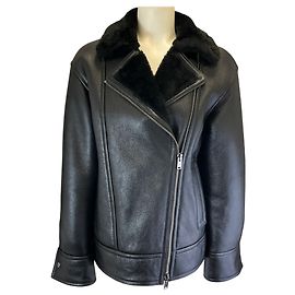 Theory Black High Shine Shearling Leather Moto Jacket Black