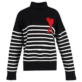 AMI Gestreifter Rollkragenpullover Ami de Cœur aus schwarzer Wolle Schwarz