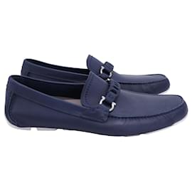 Salvatore Ferragamo-Ferragamo Stuart Gancini Driver Moccasins in Blue Leather-Blue