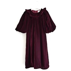 Autre Marque-Petite Amalie Burgundy Velvet Puff Sleeve Dress-Prune