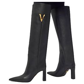 Botas de cano alto em couro preto Versace Virtus Preto