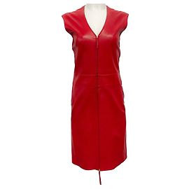 Claude Montana Montana Vintage Red Leather Sleeveless Zip Front Dress Red