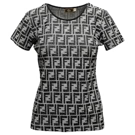Fendi-Black & Grey Fendi Zucca Patterned Short Sleeve Top Size IT 44-Black
