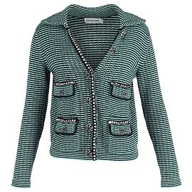 Self portrait Self-Portrait Strickjacke mit Kragen und gestreiftem Taschen-Detail aus grüner Wolle Grün