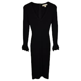 Michael Kors-Michael Kors Ribbed Ruffle-Cuff Dress in Black Viscose-Black