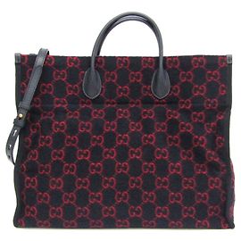 Gucci GG Logo Wool Shoulder Tote Bag Red Navy blue