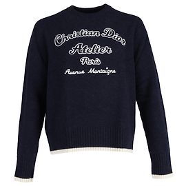 Pullover aus marineblauer Wolle mit besticktem Christian Dior Atelier-Logo Blau Marineblau