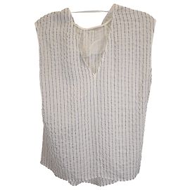 Ärmelloses plissiertes Streifenshirt aus weißer Seide von Nina Ricci Weiß