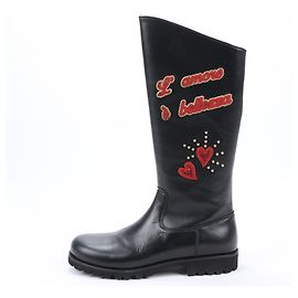 Botas de couro Dolce & Gabbana pretas com studs vermelhos, lantejoulas e patch no tamanho 37 EU Preto