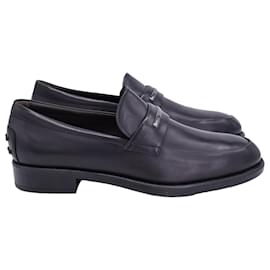 Tod's- Tod's Logo Plague Slip-On Loafers in Black Calfskin Leather-Black
