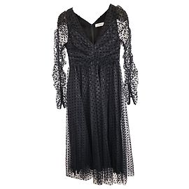 Zimmermann Midi Polka Dot Tüll V-Ausschnitt Langarmkleid aus schwarzem Polyester Schwarz