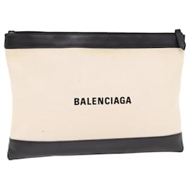 Balenciaga-BALENCIAGA Clip M Clutch Bag Canvas Leather Beige Silver 373834 Auth bs16915-Black,Silvery,Beige