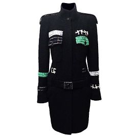 Chanel Schwarzer Tweedmantel mit 10K$ Schmuckgürtel Schwarz