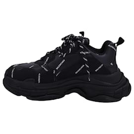 Balenciaga-Balenciaga Triple S All Over Logo Sneakers in Black Leather-Black