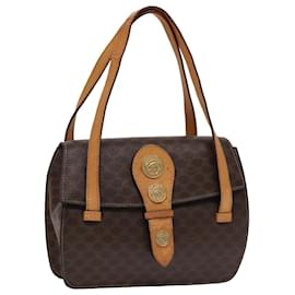 Céline-CELINE Macadam Canvas Hand Bag PVC Leather Brown Gold Auth 87429-Brown,Golden
