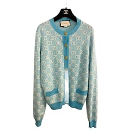 Gucci-Authentic GUCCI Logo CC Blue Cardigan Wool/cotton Size XS/S $1,800-Light blue
