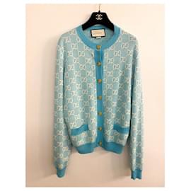 Gucci-Authentic GUCCI Logo CC Blue Cardigan Wool/cotton Size XS/S $1,800-Light blue