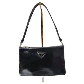 PRADA Mini Borsa a Spalla in Pelle Verniciata Nera Blu