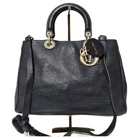 CHRISTIAN DIOR Pebbled Leather Medium Diorissimo Tote Bag Black Black