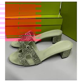 Hermès-Hermes Oasis sandals with heel and rhinestones-Pink,Beige