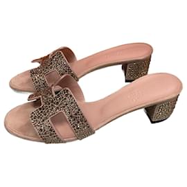 Hermès-Hermes Oasis sandals with heel and rhinestones-Pink,Beige
