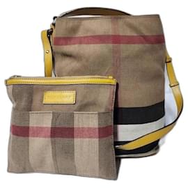 Burberry-BURBERRY Canvas Mega Check Medium Ashby Hobo Saddle Bag Yellow/Beige-Beige,Yellow
