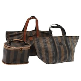 Fendi-Sac à main en toile Pecan FENDI 3 pièces Noir Marron Auth fm3719-Marron,Noir