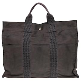 Hermès-HERMES Sac Tote Her Line MM Toile Gris Argent Auth bs16993-Marron,Argenté