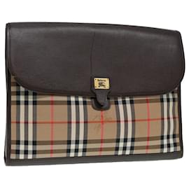 Autre Marque-Burberrys Nova Check Clutch Bag Canvas Leather Beige Brown gold Auth hk1568-Brown,Beige,Golden
