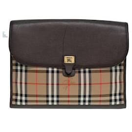 Autre Marque-Burberrys Nova Check Clutch Bag Canvas Leather Beige Brown gold Auth hk1568-Brown,Beige,Golden