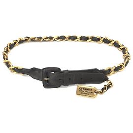 Vintage Lederkette Gürtel mit Chanel-Logo-Anhänger Schwarz