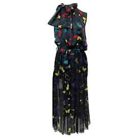 Sacai-Sacai Navy Multi Floral Sleeveless Tie Neck Dress-Navy blue