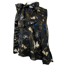 Sacai Black Multi Floral Sleeveless Tie Neck Blouse Black