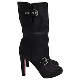 Christian Louboutin- Christian Louboutin Flanavec Buckle Detail Motorcycle Boots in Black Leather-Black