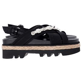 Sandali platform espadrille a strap incrociato decorati con perle di Simone Rocha in pelle nera Nero