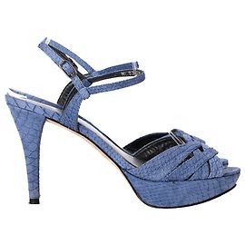 Stuart Weitzman Crocodile-Embossed Platform Sandal Heels in Blue Leather Blue