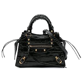 Balenciaga-Balenciaga Black Mini Croc Embossed Neo Classic City-Black