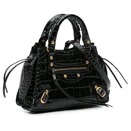 Balenciaga-Balenciaga Black Mini Croc Embossed Neo Classic City-Black