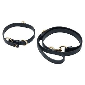 Gucci Interlocking G Leather Collar and Leash Set Black
