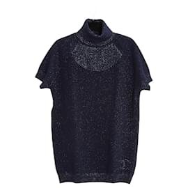 Chanel-Chanel Sweater FR40 Navy Cashmere Silver Lurex Turtle Neck CC US10-Navy blue