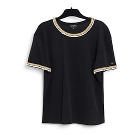 Chanel PF2017 Top FR38 Jersey Preto com Acabamento Dourado Ritz Camiseta US8 Preto
