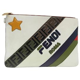 Fendi-FENDI FILA Collaboration Clutch Bag Leather Beige Gold Auth 87366-Beige,Golden